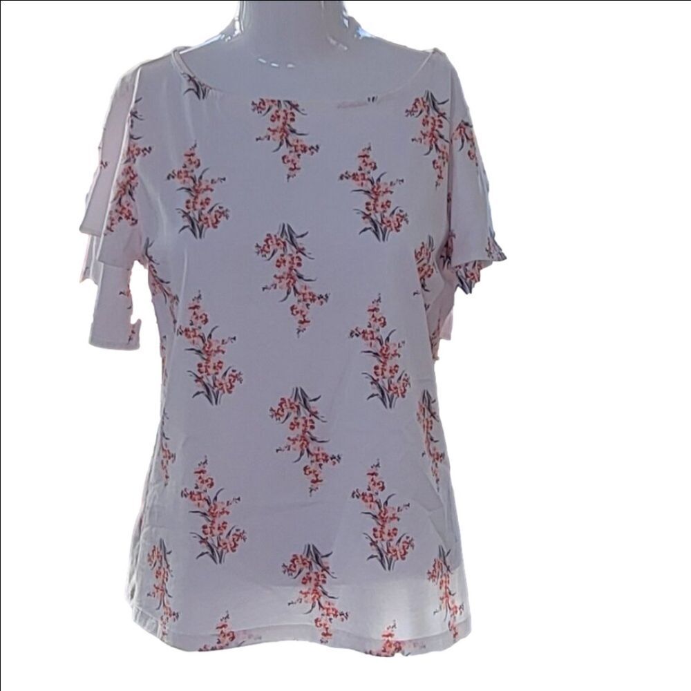 Ann Taylor Factory blouse Med. white w/floral ruffle sleeves Cottagecore Retro